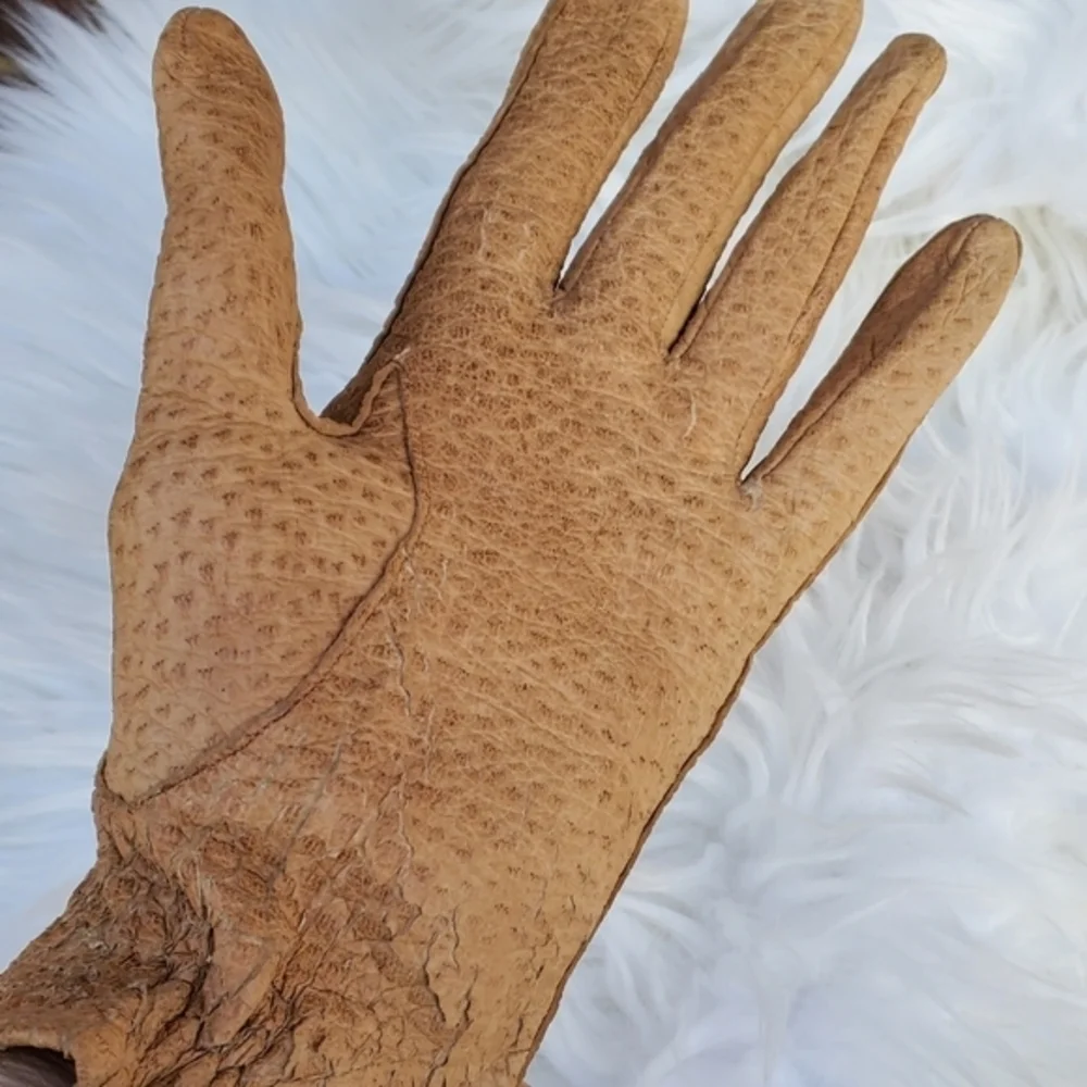 Vintage‎ Textured Leather Neutral Gloves 7